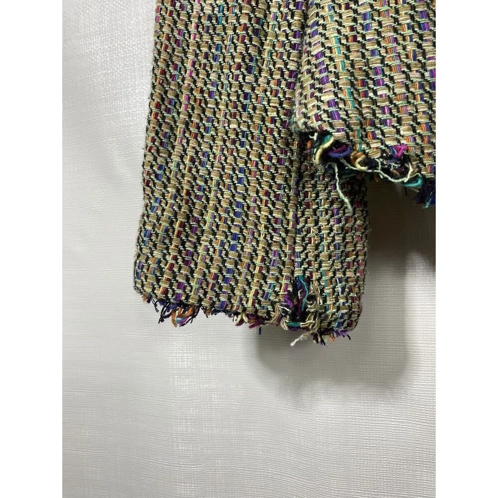 Vtg Silkland Womens Blazer Sz S Jacket Beige Rainbow Woven‎ Tweed Fringe 90s